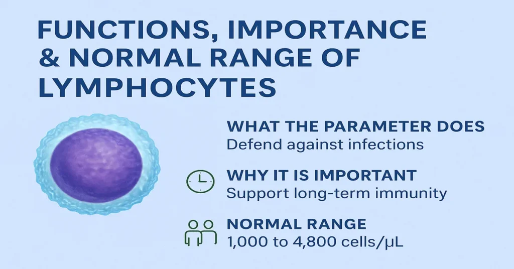 Infographic showing functions, importance, and normal range of lymphocytes with a realistic lymphocyte cell illustration and key points such as infection defense, long-term immunity, and normal values.