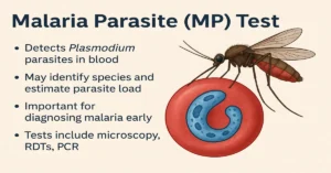 Illustration of a mosquito and red blood cell with text explaining the Malaria Parasite (MP) Test and its key diagnostic points.