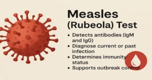 Infographic showing a measles virus illustration and key points about the Measles (Rubeola) Test, including antibody detection, infection diagnosis, immunity status, and outbreak control.