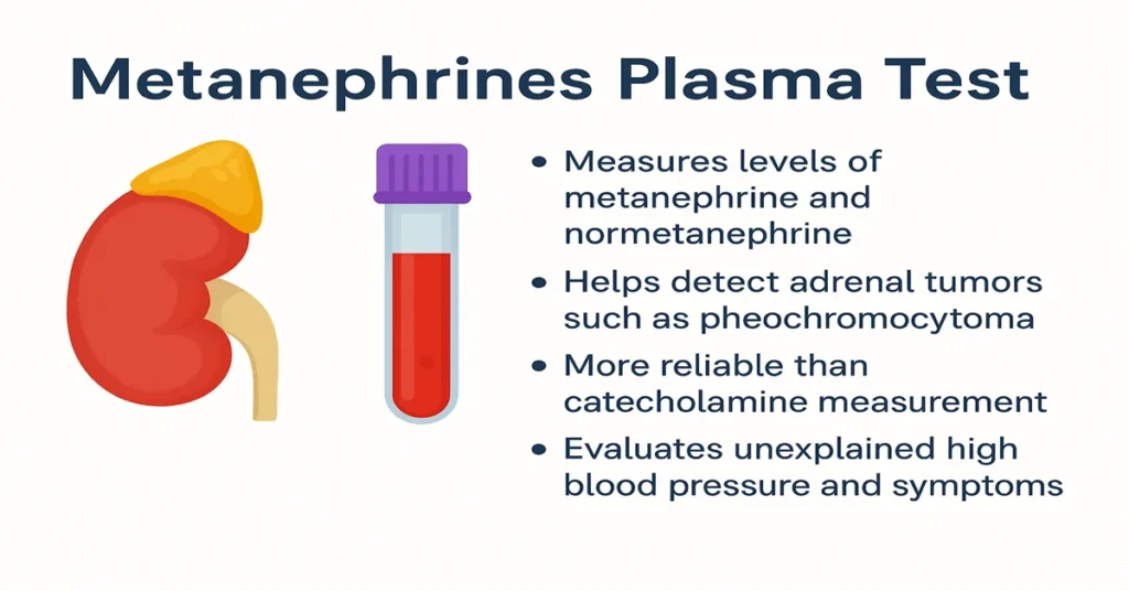 Infographic showing an adrenal gland and a blood sample tube with a purple lavender cap, explaining key points about the Metanephrines Plasma Test for detecting adrenal tumors and evaluating high blood pressure symptoms.