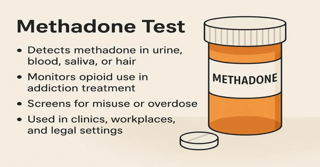Infographic showing a methadone pill bottle and tablet with key points explaining the Methadone Test, including drug detection, opioid monitoring, overdose screening, and clinical/legal usage.