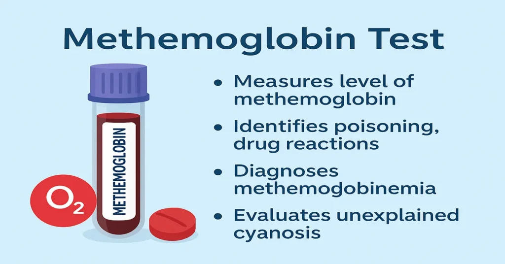 Infographic showing a blood tube labeled methemoglobin with an oxygen symbol and four key points explaining the Methemoglobin Test for diagnosing methemoglobinemia, poisoning, drug reactions, and unexplained cyanosis.
