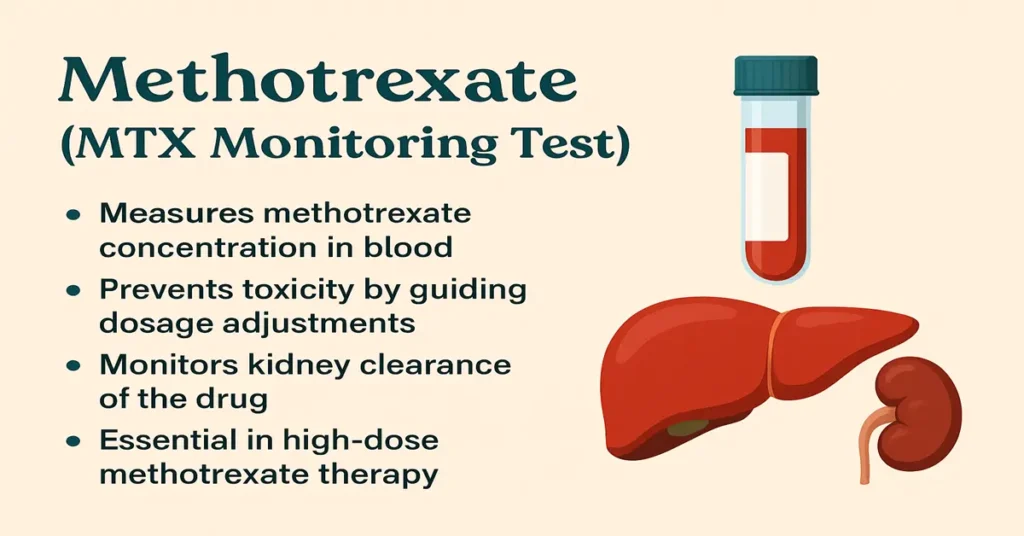 Infographic showing Methotrexate (MTX) Monitoring Test with a blood sample tube, liver and kidney icons, and key points about measuring drug levels, preventing toxicity, monitoring kidney clearance, and its role in high-dose therapy.