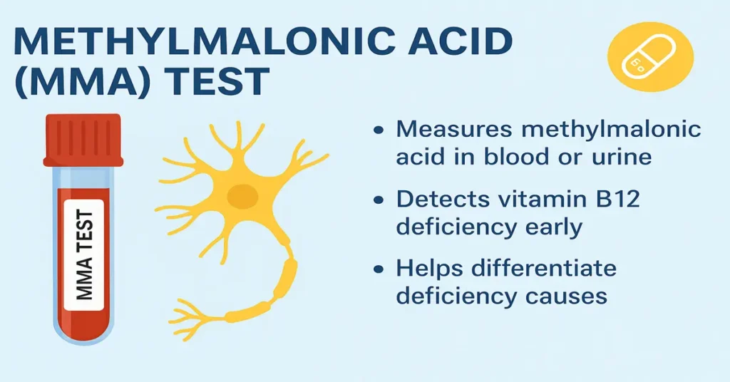 Infographic showing the Methylmalonic Acid (MMA) Test with a blood sample tube, nerve illustration, and key points about measuring MMA in blood or urine, detecting early vitamin B12 deficiency, and differentiating deficiency causes.