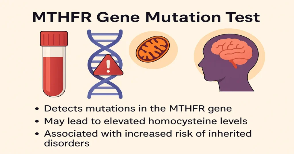 Infographic showing the MTHFR Gene Mutation Test with a blood vial, DNA mutation symbol, mitochondrion, and brain illustration, highlighting mutation detection, elevated homocysteine risk, and inherited disorder association.