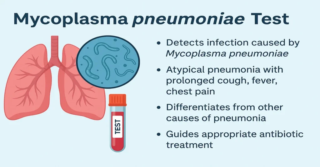 Infographic showing the Mycoplasma pneumoniae Test with lungs, magnified Mycoplasma bacteria, and a test vial, highlighting detection of atypical pneumonia, prolonged cough symptoms, differentiation from other pneumonia causes, and guidance for antibiotic treatment.