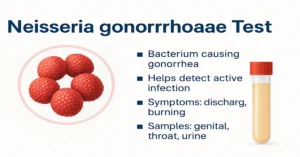 Infographic of the Neisseria gonorrhoeae test showing realistic red bacterial clusters, a urine test tube, and bullet points about gonorrhea infection, symptoms, and sample types.