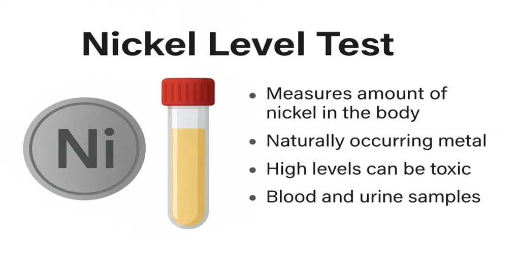 Infographic showing the Nickel Level Test with a metallic nickel icon, a test tube containing a yellow sample, and bullet points explaining nickel measurement, toxicity risks, and sample types.