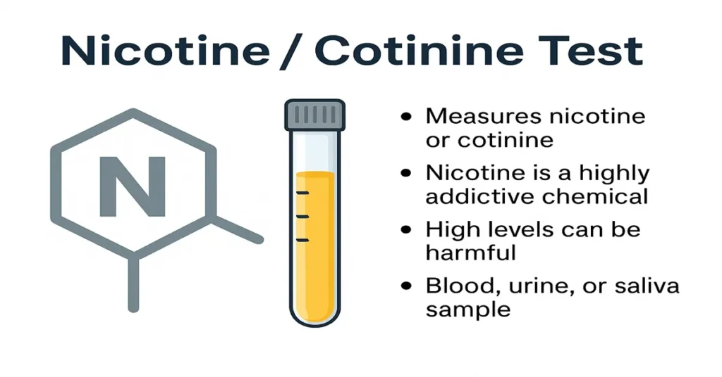 Infographic showing the Nicotine/Cotinine Test with a nicotine molecular structure icon, a test tube containing yellow sample, and bullet points explaining measurement of nicotine/cotinine, addiction risks, harmful effects, and sample types.