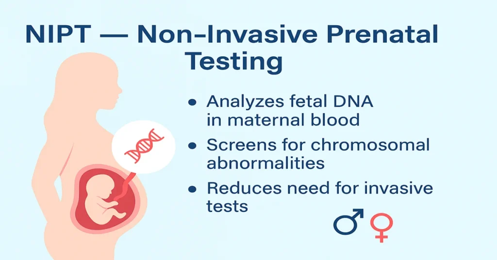 Infographic showing NIPT (Non-Invasive Prenatal Testing) with fetal DNA analysis, pregnancy illustration, chromosomal screening points, and male–female gender icons.