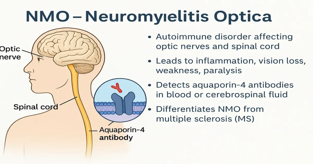 Medical infographic explaining Neuromyelitis Optica (NMO) with brain, optic nerve, spinal cord illustration and aquaporin-4 antibody diagram, showing key symptoms and diagnostic points.