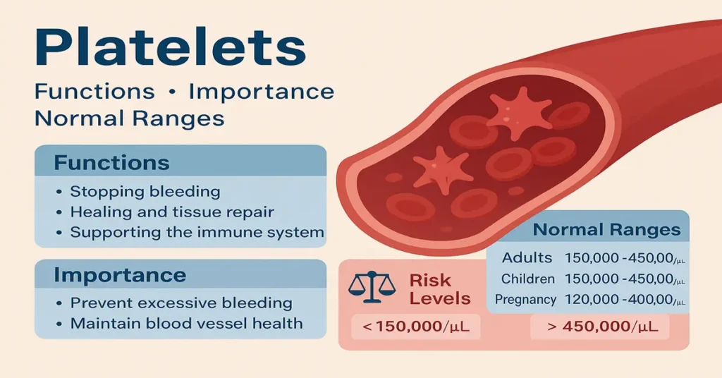 Infographic explaining platelet functions, importance, normal ranges for adults, children and pregnancy, with icons and a blood vessel illustration.