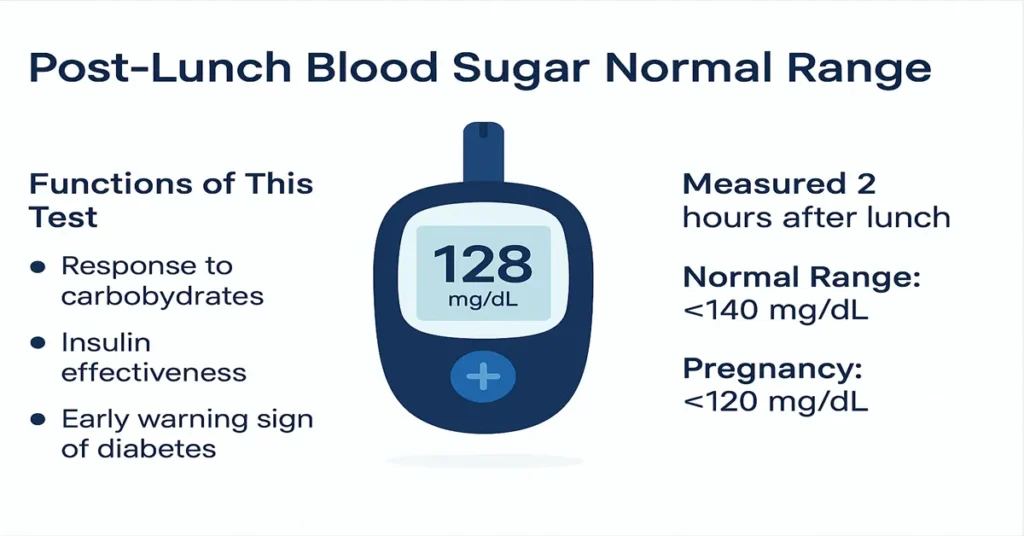 Infographic showing the post-lunch blood sugar normal range with a glucose meter reading 128 mg/dL, including functions of the test and pregnancy range.