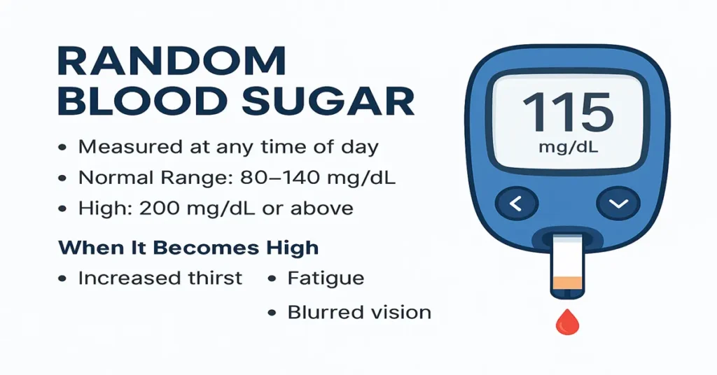 Infographic showing random blood sugar normal range 80–140 mg/dL, high level above 200 mg/dL, and key symptoms like thirst, fatigue, and blurred vision, with a glucose meter reading 115 mg/dL.