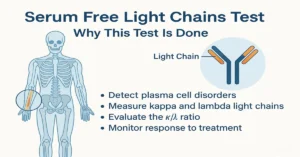 Infographic explaining why the Serum Free Light Chains (sFLC) test is done, showing bone marrow, antibody light chains, and key diagnostic purposes.