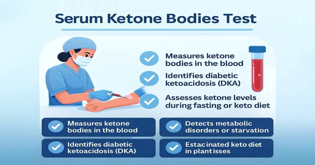 Infographic showing the Serum Ketone Bodies Test with four key points about ketone measurement, diabetic ketoacidosis risk, beta-hydroxybutyrate levels, and blood testing, featuring medical icons and a blood sample illustration.