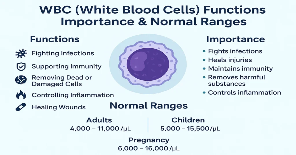 Infographic showing WBC functions, importance, and normal ranges for adults, children, and pregnancy with medical icons and a white blood cell illustration.