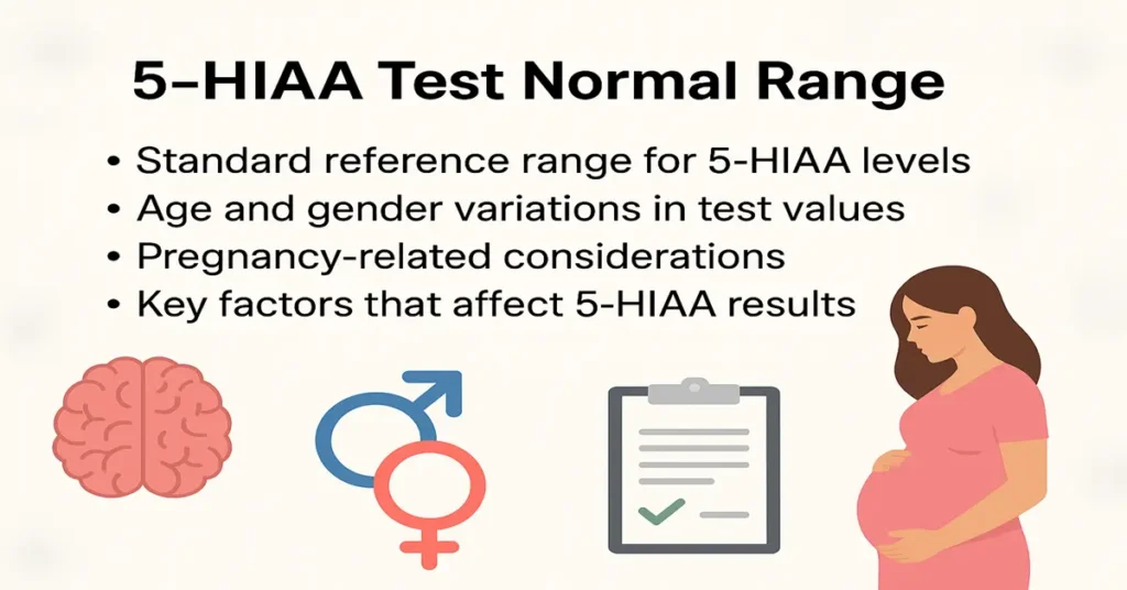 Infographic showing 5-HIAA test normal range with age and gender variations, pregnancy considerations, and factors affecting results.