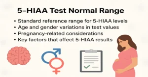 Infographic showing 5-HIAA test normal range with age and gender variations, pregnancy considerations, and factors affecting results.