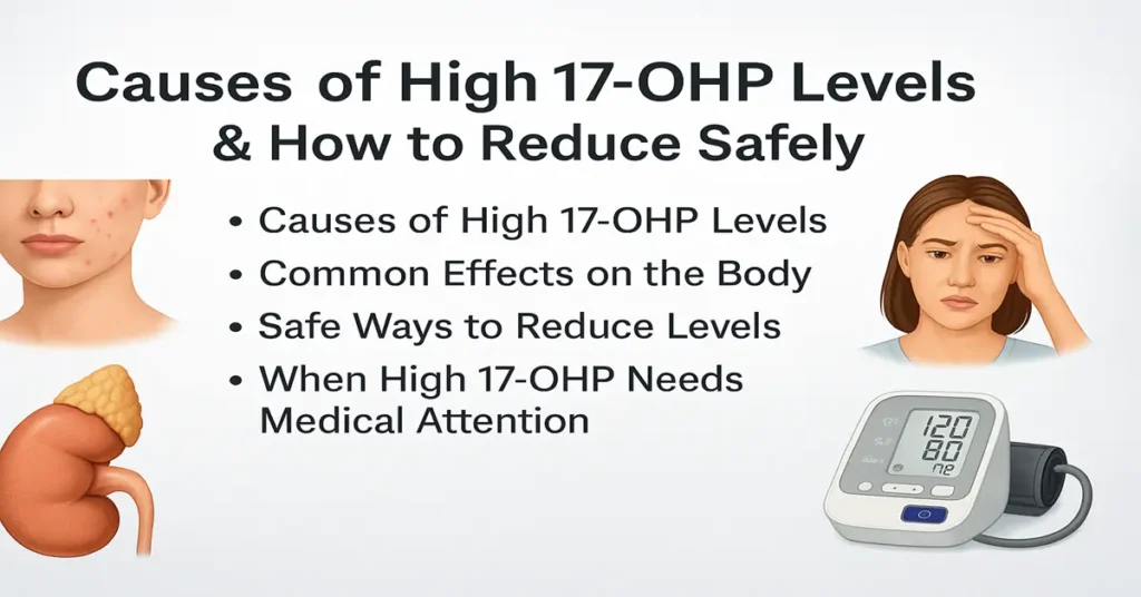 Medical infographic titled “Causes of High 17-OHP Levels & How to Reduce Safely,” displaying four main bullet points about causes, body effects, safe ways to reduce elevated 17-OHP, and when to seek medical attention, with realistic adrenal gland, acne, stress, and lifestyle graphics placed on both sides.