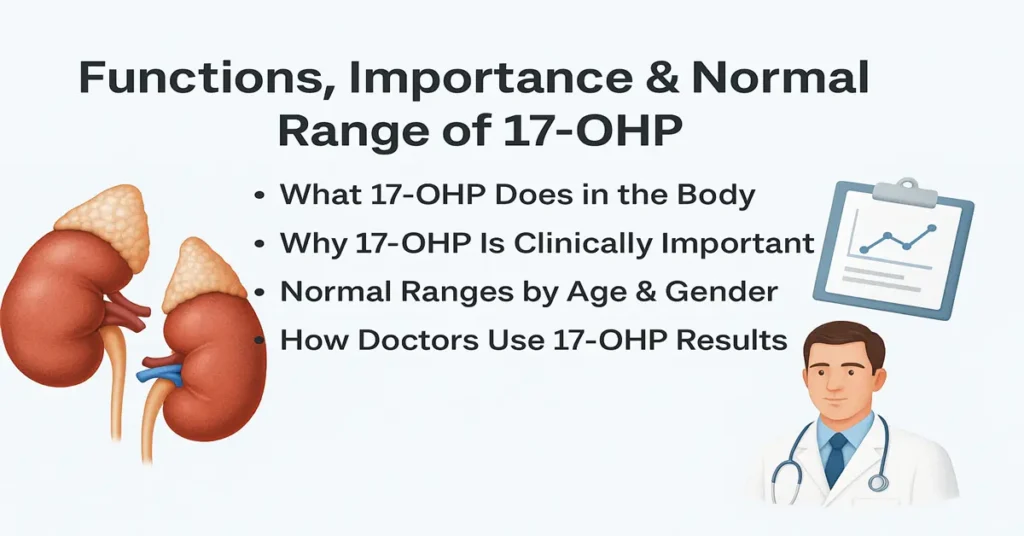 Medical infographic titled “Functions, Importance & Normal Range of 17-OHP,” showing four key bullet points about what 17-OHP does in the body, its clinical importance, normal ranges by age and gender, and how doctors use test results, with realistic adrenal gland and medical graphics on both sides.