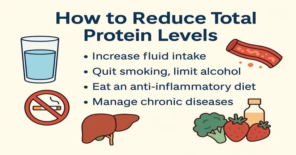 Featured image showing how to reduce high total protein levels with hydration, lifestyle changes, anti-inflammatory diet, and medical guidance.