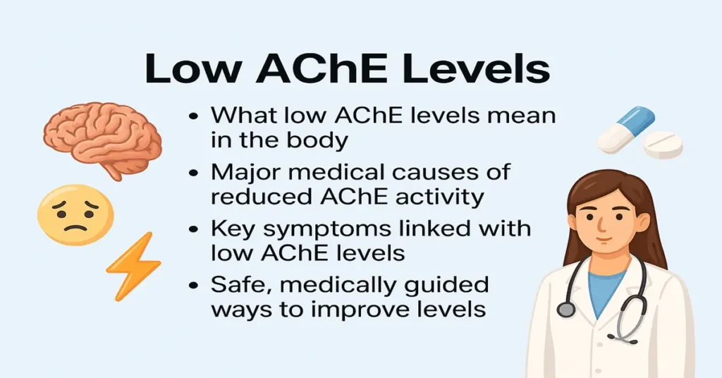 Infographic explaining what low AChE levels mean, their medical causes, symptoms, and safe doctor-guided management methods.