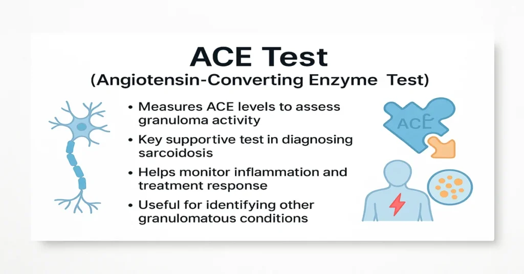 Medical infographic showing the ACE Test (Angiotensin-Converting Enzyme Test) with bullet points explaining granuloma activity assessment, sarcoidosis diagnosis support, inflammation monitoring, and identification of granulomatous conditions. Includes enzyme, nerve, and inflammation-related icons.