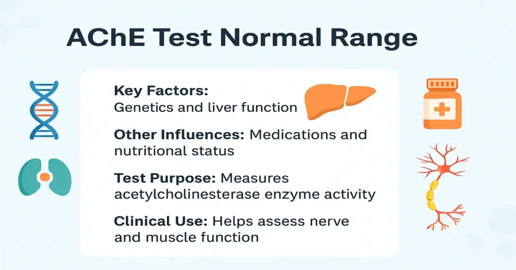 AChE Test Normal Range infographic showing key factors, medications, nutritional influences, and enzyme activity assessment.