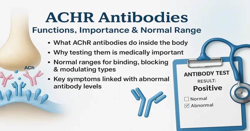 Infographic showing AChR Antibodies: functions inside the body, medical importance, normal ranges for binding, blocking and modulating antibodies, plus key symptoms linked to abnormal levels, with realistic neuromuscular junction and medical graphics.