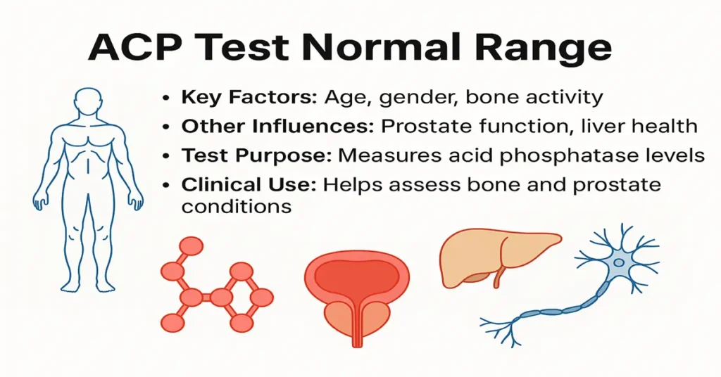 ACP Test Normal Range infographic showing key factors like age, gender, bone activity, prostate function, liver health, and clinical uses.