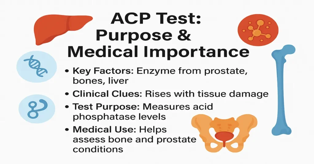 ACP Test infographic showing key factors, clinical clues, test purpose, and medical use with prostate, bone, liver, and enzyme icons.