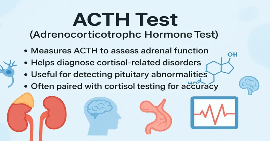Medical featured image explaining ACTH Test with bullet points on adrenal function assessment, cortisol disorder diagnosis, pituitary abnormality detection, and pairing with cortisol testing for accuracy. Includes adrenal gland, brain, hormone structure, and medical icons.