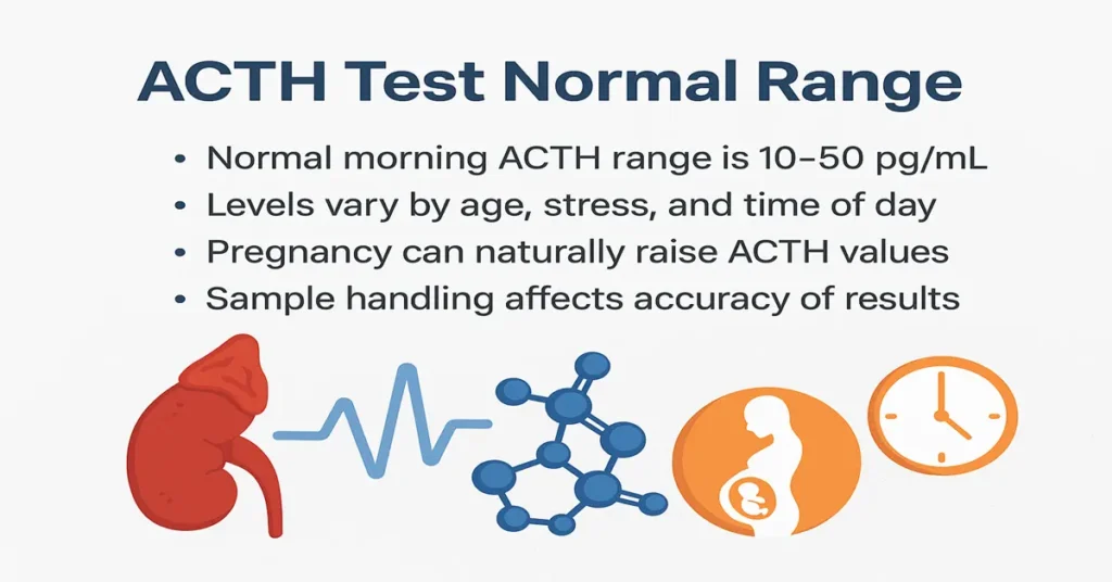 Medical infographic showing ACTH Test Normal Range with bullet points explaining the morning normal range (10–50 pg/mL), variations due to age, stress, and time of day, pregnancy-related ACTH rise, and the importance of proper sample handling. Includes adrenal gland, hormone molecule, pregnancy, and clock icons.