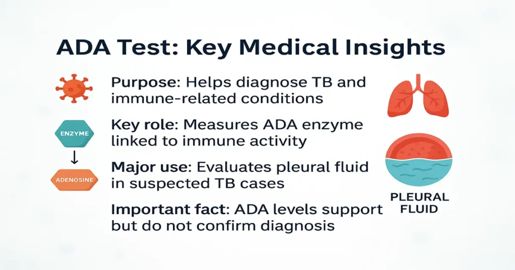 Premium 1200×628 medical infographic explaining the ADA test with key points on purpose, enzyme role, pleural fluid use, and diagnostic importance.