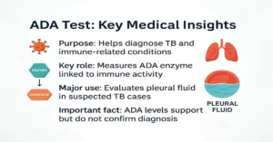 Premium 1200×628 medical infographic explaining the ADA test with key points on purpose, enzyme role, pleural fluid use, and diagnostic importance.