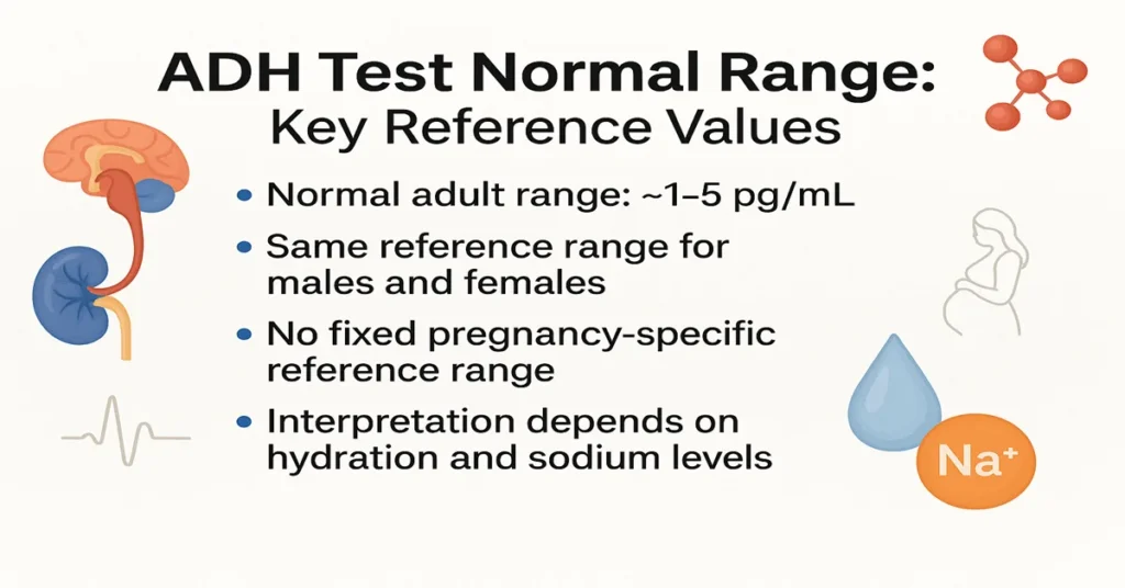 ADH test normal range infographic showing adult reference values, gender neutrality, pregnancy considerations, and hydration-sodium interpretation