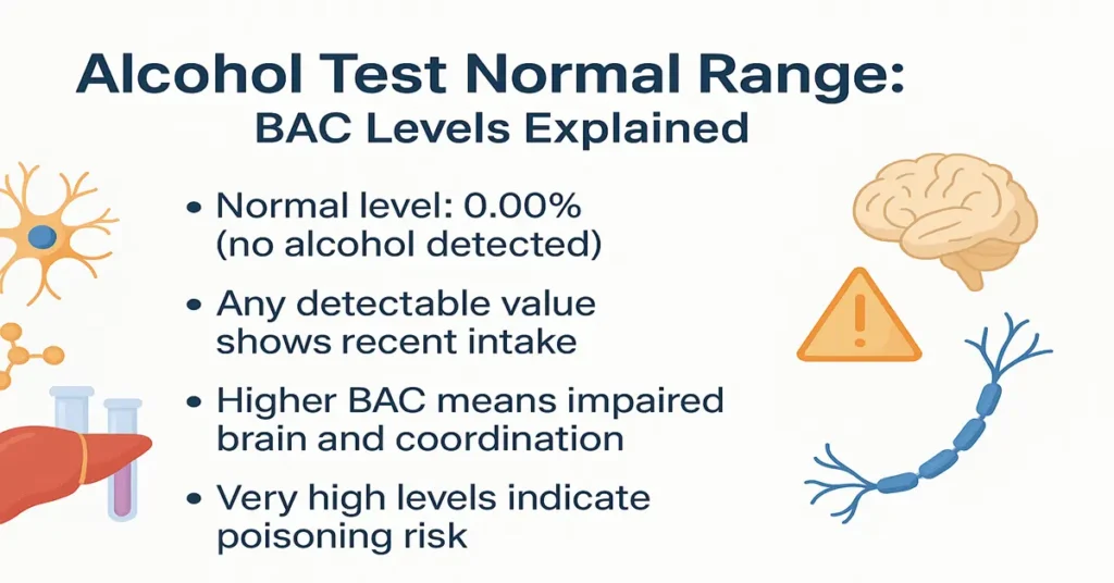 Medical infographic explaining the normal range of the alcohol test, showing 0.00% BAC as normal, effects of higher BAC on brain coordination, and poisoning risk at very high levels.