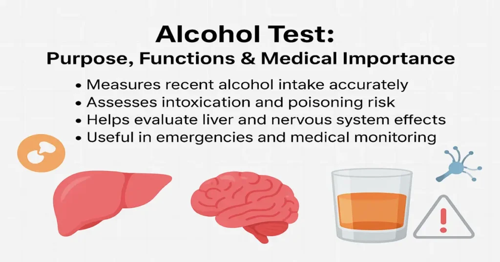 Medical infographic explaining the alcohol test, showing its purpose, how it measures recent alcohol intake, assesses intoxication risk, and evaluates liver and nervous system effects.