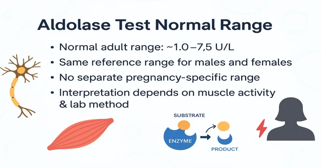 Aldolase test normal range infographic showing adult values, same range for males and females, and interpretation based on muscle activity