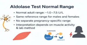 Aldolase test normal range infographic showing adult values, same range for males and females, and interpretation based on muscle activity