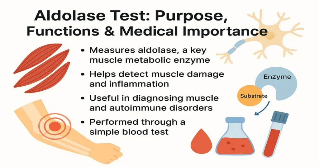 Aldolase test showing its purpose in measuring muscle enzyme levels, detecting muscle damage, and diagnosing muscle and autoimmune disorders