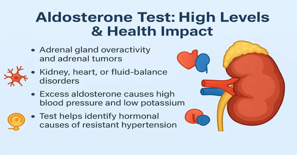 Aldosterone test image showing causes of high aldosterone levels, adrenal gland overactivity, high blood pressure, and low potassium imbalance