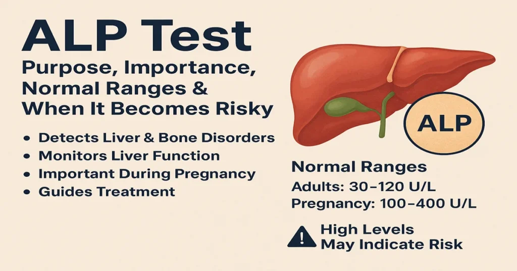 Infographic explaining the ALP test with a liver illustration, showing its purpose, importance, normal ALP ranges for adults and pregnancy, and when high ALP levels become risky