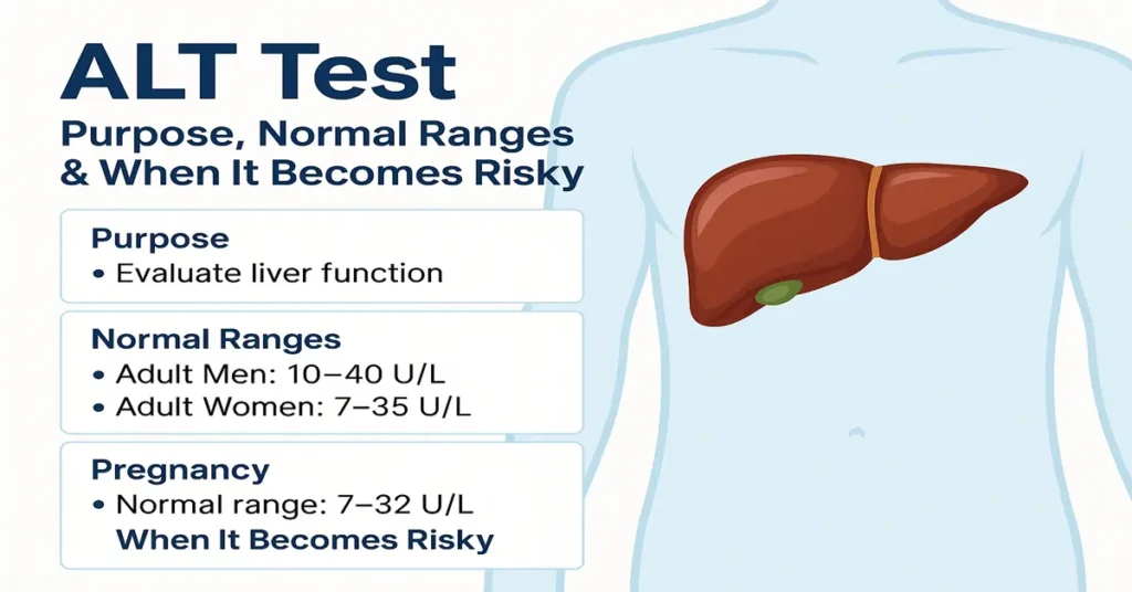 Infographic explaining the ALT test with liver illustration showing purpose of the test, normal ALT ranges for adults and pregnancy, and when ALT levels become risky