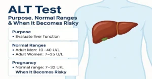 Infographic explaining the ALT test with liver illustration showing purpose of the test, normal ALT ranges for adults and pregnancy, and when ALT levels become risky