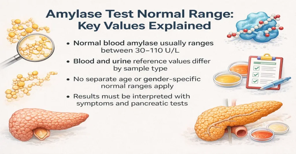 Amylase test normal range showing blood levels 30–110 U/L, differences between blood and urine values, and clinical interpretation tips.