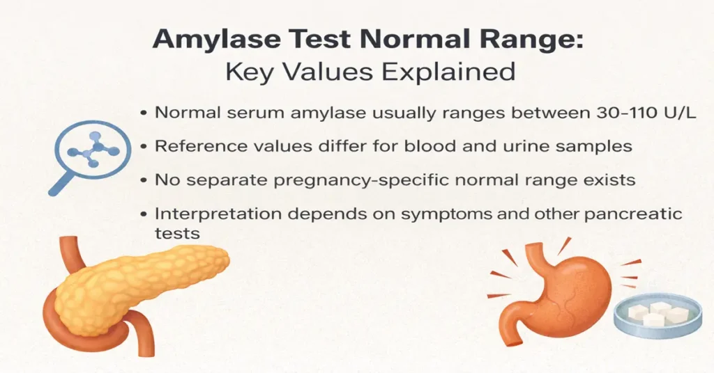 Amylase test normal range image showing serum amylase values, blood and urine reference ranges, and pancreatic test interpretation