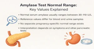 Amylase test normal range image showing serum amylase values, blood and urine reference ranges, and pancreatic test interpretation