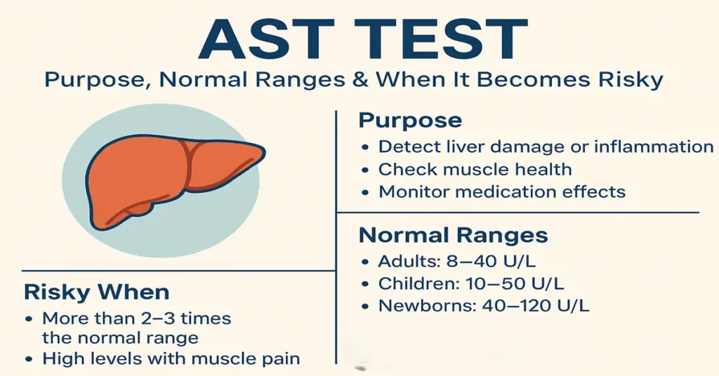 Infographic showing AST test purpose, normal ranges for adults, children and newborns, and situations when AST levels become risky with a liver illustration
